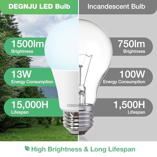 100W Equivalent A19 5000K Daylight LED Light Bulbs, 1500 Lumens, E26 Base, Non-Dimmable, 13W Bright White for Bedroom Home Office, 3 Pack
