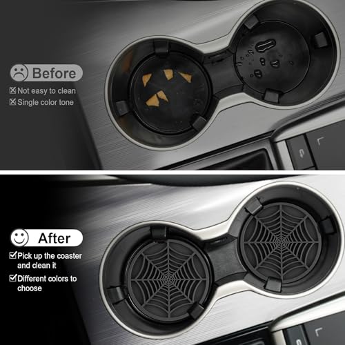 Alpmosn 4PCS Spider Web Car Coasters for Cup Holders, Halloween Funny Non-Slip Silicone Insert Ornaments Coasters, Automotive Cupholder Goth Accessories for Men & Women(Black)