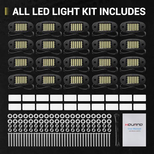 Hovano 20 Pods White Rock Lights 6000K Pure White 36 LEDs SMD Chips Super Bright Neon Underglow Light IP68 Waterproof for Pickup Trucks SUV UTV ATV RZR Car Boats (White)