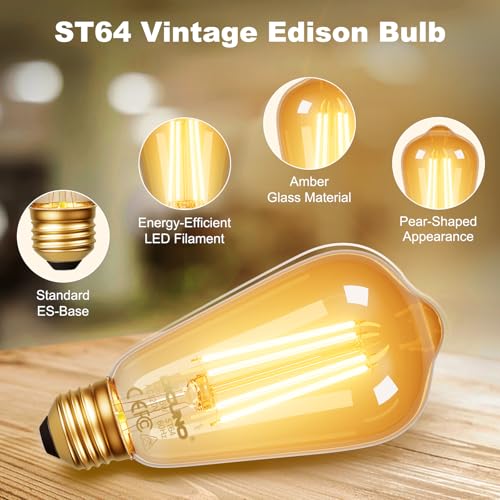DiCUNO E26 Edison Bulbs 60W, 2200K Amber Warm, 6W LED Edison Bulb ST64, Amber Glass, Vintage LED Light for Home, 600LM, Non-Dimmable, CRI 80, Pack of 2