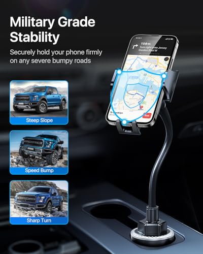 andobil Military-Grade Cup Phone Holder for Car/Truck, [2026 Enhanced] 13" 360° Adjustable Gooseneck w/Anti-Shake Car Mount, Universal Car Phone Holder for iPhone/Samsung/Pixel All 4.0-7.0" Devices