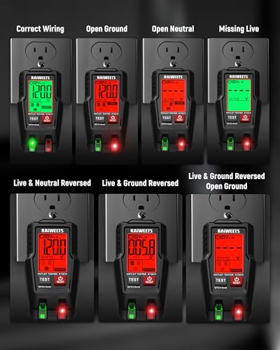 KAIWEETS GFCI Outlet Tester with LCD Display, 3-Prong Receptacle Wiring Detector, Voltage Socket Checker, Auto Hold, Electrical Diagnostic Tool for 120V AC Home Outlets