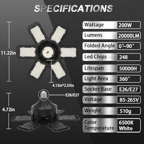 2 Pack Garage Lights, 200W 20000LM 6500K LED Shop Lights, Garage Light Ceiling Led with 6+1 Deformable Panels, Screw in E26/E27 Socket Bulb for Warehouse, Workshop, Basement, Barn Lighting