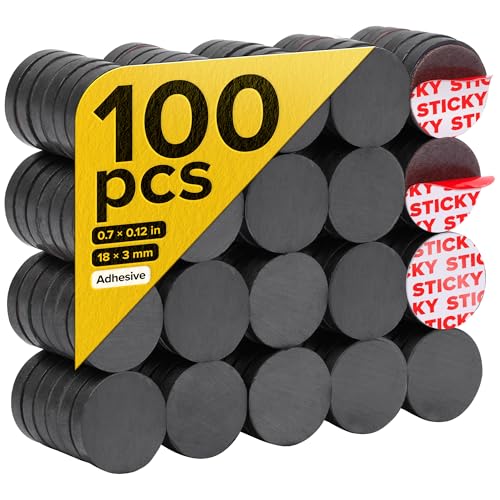 Strong Ceramic Round Magnets With Adhesive Backing (0.7x0.12"/18x3mm, 100 pcs) - Heavy Duty Sticky Magnets, Non-Corrosive, Versatile For Home, Office, Workshop, Whiteboard, Fridge And Hobby Use