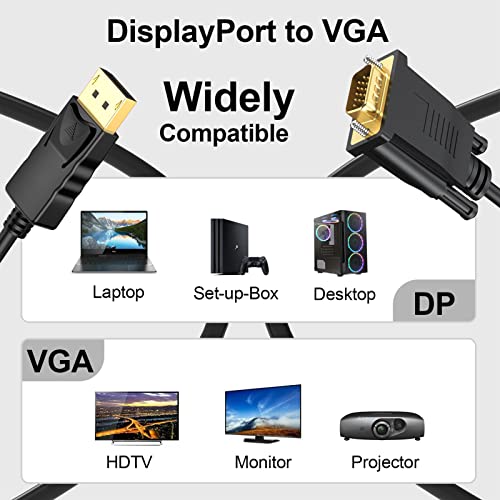 DisplayPort to VGA Cable 6 Ft, 2-Pack Display Port DP to VGA Adapter Cord Male to Male HD Video 1080P for Computer, Monitor, TV, Projector