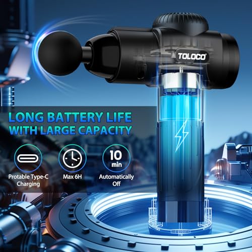 TOLOCO Massage Gun, Percussion Muscle Massager with 10 Massage Heads & Silent Brushless Motor, Adjustable Speeds, Portable Handheld Design – Black