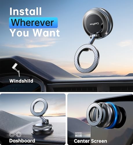 Coolpow【Newest Vacuum Magnetic Phone Holder for Car Phone Holder Mount【Movable Vacuum Suction】Magsafe Car Mount Cell Phone Car Mount Car Accessories for Men Women Carmount for iPhone 17 Pro Max 16 15