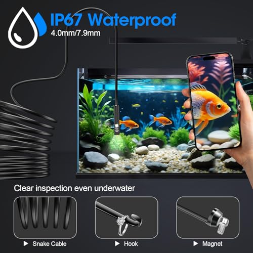 Endoscope with Light, 1920P HD Borescope with 8 Adjustable LED Lights, 16.4FT Semi-Rigid Snake Camera, IP67 Waterproof Inspection Tool for iPhone & Android - Dual Lens (Black)