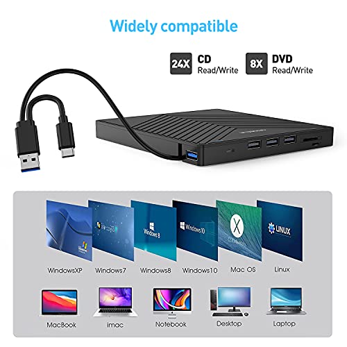 External CD DVD Drive, Ultra Slim CD Burner USB 3.0 with 4 USB Ports and 2 TF/SD Card Slots, Optical Disk Drive for Laptop Mac, PC Windows 11/10/8/7 Linux OS