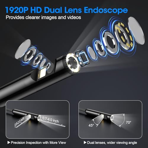 Endoscope with Light, 1920P HD Borescope with 8 Adjustable LED Lights, 16.4FT Semi-Rigid Snake Camera, IP67 Waterproof Inspection Tool for iPhone & Android - Dual Lens (Black)