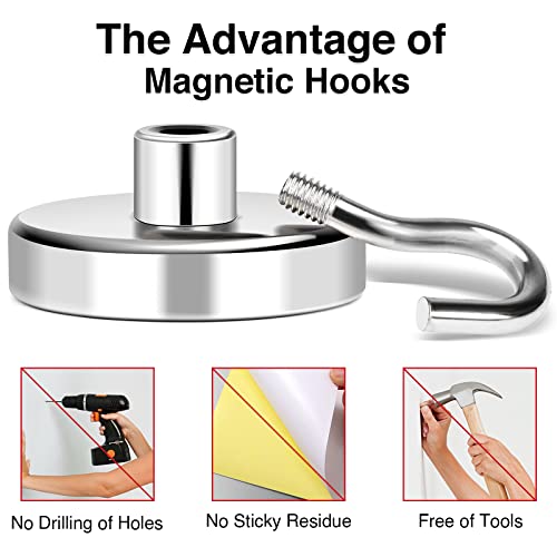 MIKEDE Magnetic Hooks Heavy Duty, 170Lbs+ Super Strong Magnet Hooks for Cruise Essentials, Neodymium Earth Magnets with Hook for Hanging, Magnetic Hanger for Fridge, Toolbox, Storage - 4 Pack