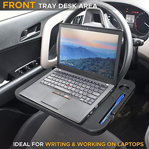 EcoNour 2 in 1 Car Steering Wheel Desk | Tray for Laptop Car Mount with Pen Holder | Desk Console for Car | Food Tray for Eating with Drinks Holder | Multipurpose Travel Car Accessories
