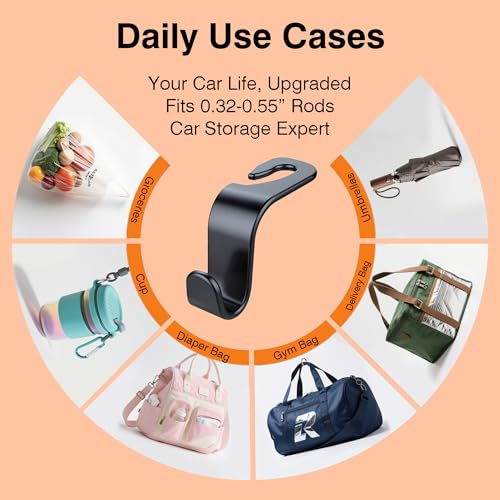 Car Seat Hooks & Purse Holder - 4 Pack Boxed,55 lb Heavy Duty,Eco PP Car Hooks for Purse/Bag/Baby Gear/Gym Bag/Groceries/Cup/,Fits 0.32-0.55”Car Headrest Rods (Black)