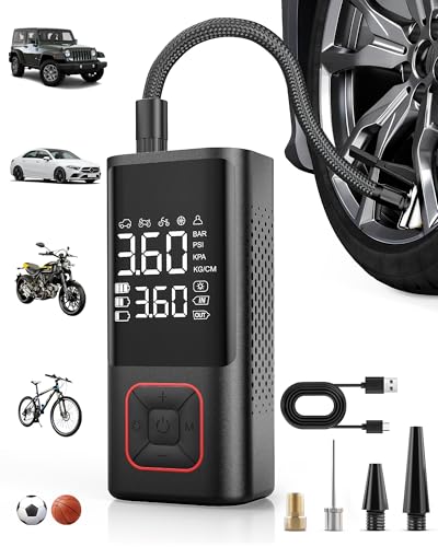 Powools Cordless Tire Inflator 150PSI Portable Air Compressor with Auto Shutoff, Air Pump for Car Tires, Motorcycle, Bike, Balls, Inflatables, LED Light, Red, Standard Capacity