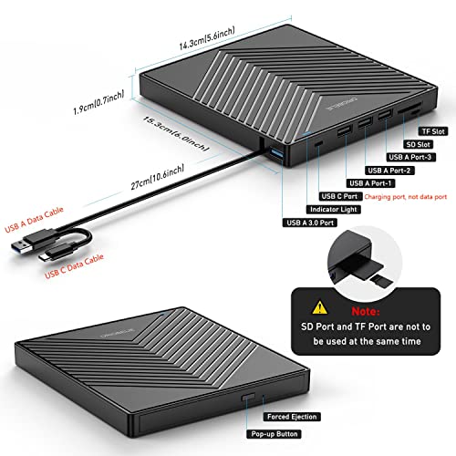 External CD DVD Drive, Ultra Slim CD Burner USB 3.0 with 4 USB Ports and 2 TF/SD Card Slots, Optical Disk Drive for Laptop Mac, PC Windows 11/10/8/7 Linux OS