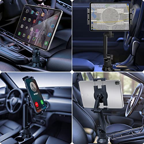 Cup Holder Car Tablet Mount for Truck, 360° Adjustable 15" Long 2-Arm Stand Holder for iPad Pro 12.9/11/10.5/9.7/Air/Mini 6/5/4, Galaxy Tab/Z Fold 6/5/4, iPhone 17/16/Pro, 4.7-12.9" Tab &Phone