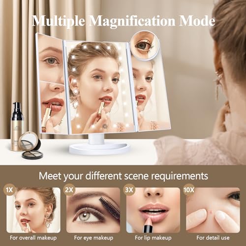 HUONUL Makeup Mirror, Vanity Mirror with Lights, 2X/3X/10X Magnification, Touch Control, Trifold, Dual Power Supply, Gifts for Women, Wife, Mom, Girls,Dorm Room Essentials