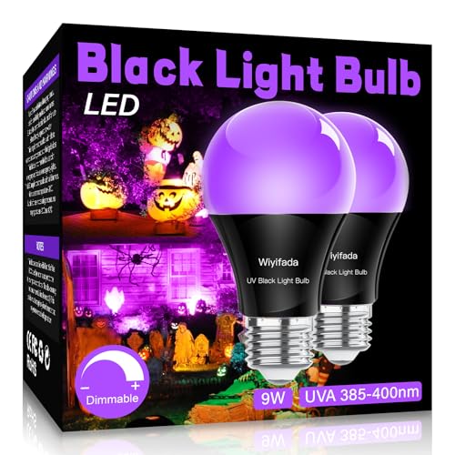 LED Black Light Bulbs 2 Pack, A19 9W UV Black Light Replace Up to 100W, 120V E26 Base UVA Level 385-400nm, Glow in The Dark for Body Pain, Blacklights Party, Halloween