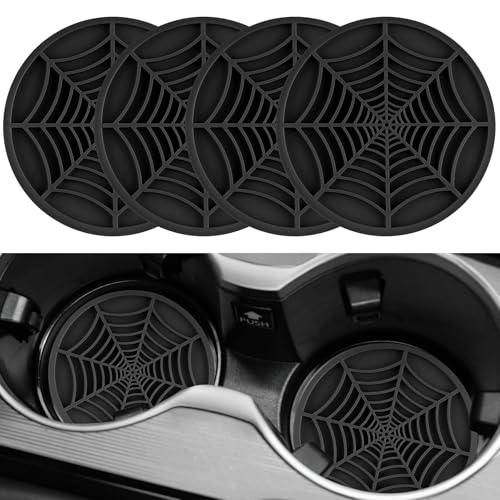 Alpmosn 4PCS Spider Web Car Coasters for Cup Holders, Halloween Funny Non-Slip Silicone Insert Ornaments Coasters, Automotive Cupholder Goth Accessories for Men & Women(Black)