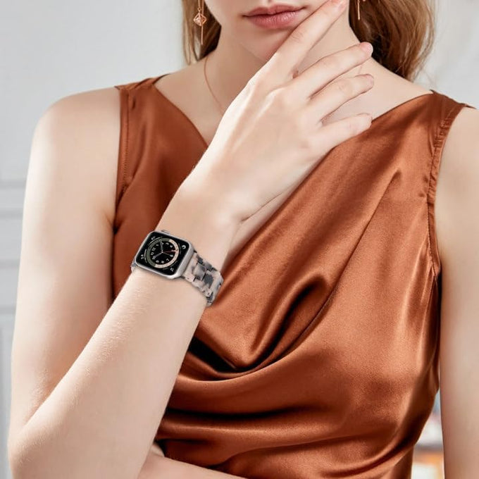 V.R.HOPE Resin Watch Band Compatible with Apple Watch Band for Women 38mm 40mm 41mm 42mm Tortoise Fashion Lightweight Bracelet Strap for iWatch Series 11/10/9/8/7/6/5/4/3/2/1/SE3 (Black Floral)