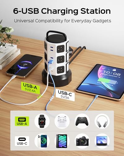 Power Strip Tower JACKYLED Surge Protector Electric Charging Station with 13A 12 Outlets 6 USB Ports Heavy Duty Extension Cord for Home Office Computer Nightstand Laptop Phone White Black