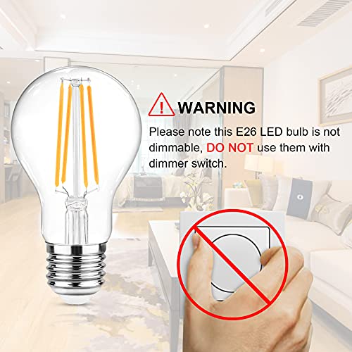 Ascher 60W Equivalent LED Filament Light Bulbs – Warm White 2700K, E26 A19, Pack of 6, Non-Dimmable