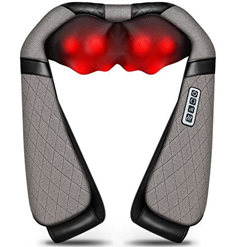 Blue Elf Shiatsu Neck & Back Massager with Heat – 3D Electric Kneading Massage Pillow for Full Body Relaxation (Gray, Home, Office & Car Use)