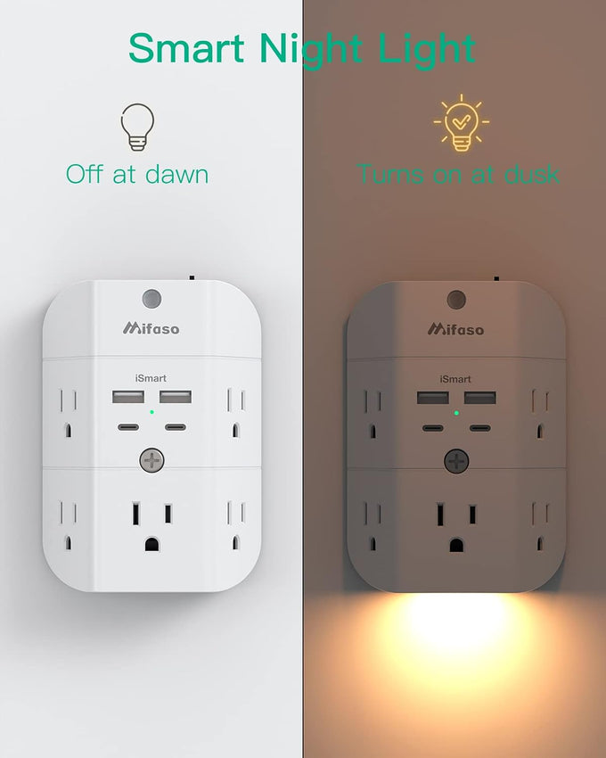 Surge Protector Outlet Extender - with Night Light, 5-Outlet Splitter and 4 USB Ports (2 USB C Charger), Multi Plug Outlet for Home, Dorm Room Essentials