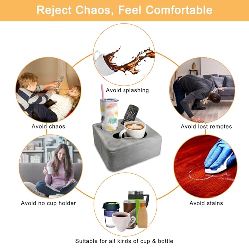 Couch Cup Holder Pillow Tray & Caddy - for Sofa, Bed, Car, Man Cave | Keep Drinks at Hand & Spill-Proof Accessories for New Parents, Camping, Park, Boat, Beach, Bathroom Cup Holder, Gray