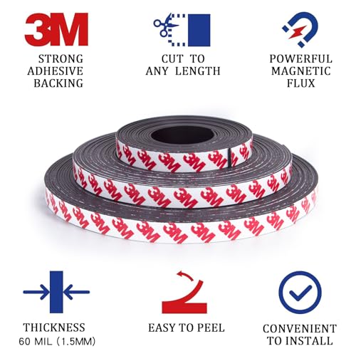 10 Feet x1/2 in Magnetic Tape Strips Roll with Adhesive Backing, Flexible Sticky Magnet Tape for Lightweight Craft DIY Projects, Whiteboards and Fridge Organization (0.06" Thick)