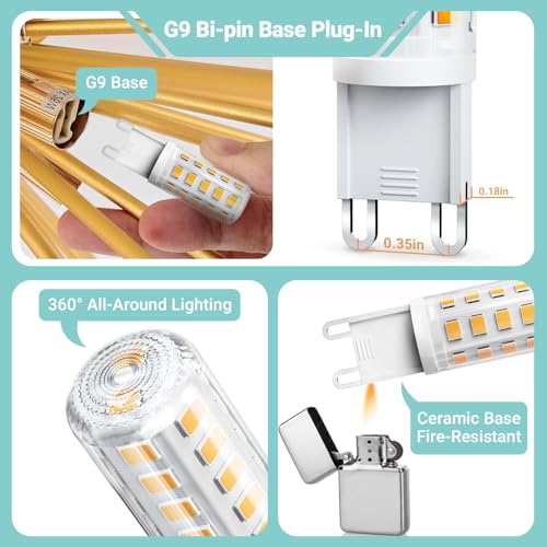 TJOY G9 LED Bulb 4W, 3000K Soft Warm White 6 Pack, Equivalent 40 Watt T4 G9 Halogen Replacement, G 9 Bi-pin Base Light Bulbs for Chandelier, 120V 450 LM 360 Beam Angle for Home Lighting, Non-dimmable