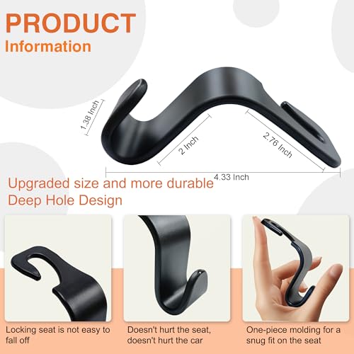 Car Seat Hooks & Purse Holder - 4 Pack Boxed,55 lb Heavy Duty,Eco PP Car Hooks for Purse/Bag/Baby Gear/Gym Bag/Groceries/Cup/,Fits 0.32-0.55”Car Headrest Rods (Black)