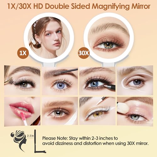 MIYADIVA Magnifying Mirror with Light, Double Sided 30X/1X Lighted Travel Makeup Mirror with Magnification, 3 Color Lighting, Dimmable Touch Screen, Adjustable & Foldable Hand Mirror (White)