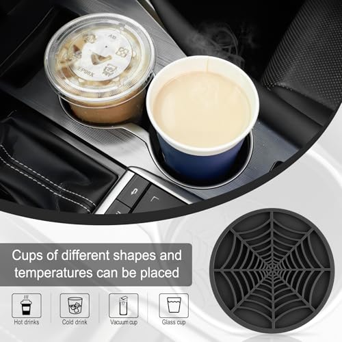 Alpmosn 4PCS Spider Web Car Coasters for Cup Holders, Halloween Funny Non-Slip Silicone Insert Ornaments Coasters, Automotive Cupholder Goth Accessories for Men & Women(Black)
