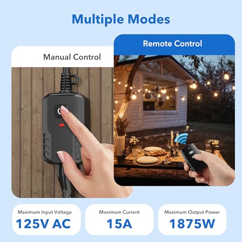 BN-LINK Outdoor Remote Control Outlet Plug Black,Indoor Wireless Outlet Switch Weatherproof Heavy Duty 15A 3-Prong 6-inch Cord 100Ft Range (Battery Included)