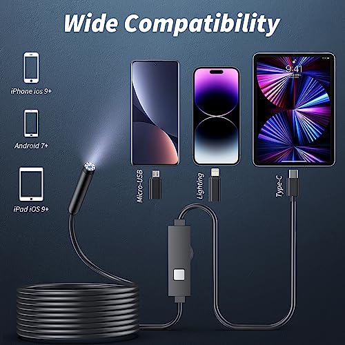 Endoscope Camera with Light, 1920P HD Borescope Tools with 8 Adjustable LED Lights, Endoscope with Semi-Rigid Snake Camera, Inspection Borescope for iOS and Android - 16.4ft Single Lens