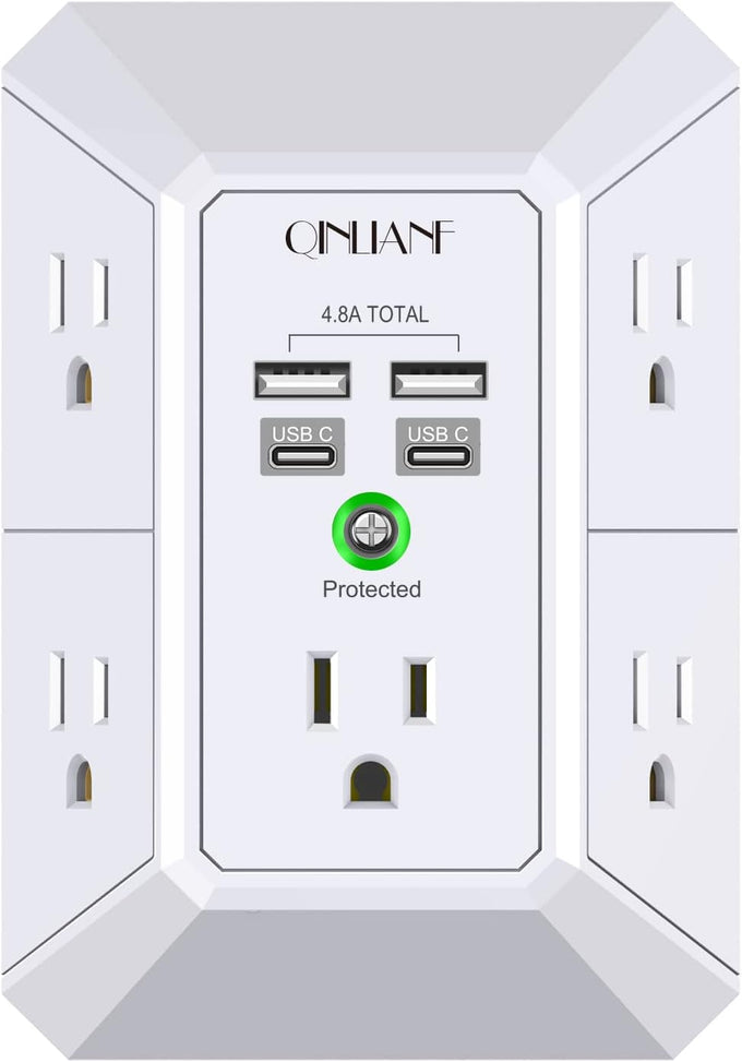 USB Wall Charger, Surge Protector, QINLIANF 5 Outlet Extender with 4 USB Charging Ports (4.8A Total) 3-Sided 1680J Power Strip Multi Plug Outlets Wall Adapter Spaced for Home Travel Office(2U2C),White