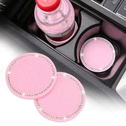 2 Pack Bling Cup Holder Insert Coasters, 2.75 Inch Soft Crystal Rhinestone Rubber Pad Set Round Auto Drink Coaster Car Interior Accessories (Pink)