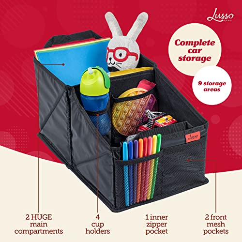 Lusso Gear Car Seat Organizer - Built-In Car Cup Holders & Mesh Pockets - Foldable Back Seat Organizer with Handles - Kids Road Trip Essentials - 9 Compartments, Black Oxford