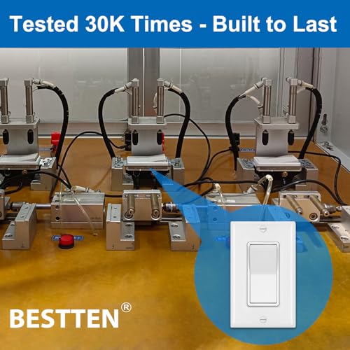 BESTTEN 10 Pack Single Pole Decorator Light Switch with Wallplate, 15A 120/277V, Rocker Paddle Wall Switch, On/Off Interrupter for LED and Other Lamps