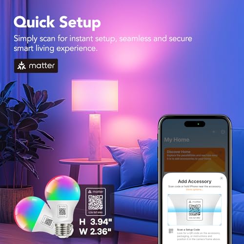 OREiN Matter Smart Light Bulb, Smart Light Bulbs Work with Apple Home, Alexa, Google Home, SmartThings, A19 Color Changing Light Bulbs 2.4Ghz WiFi, 800 Lumens Equivalent 60W 4Pack