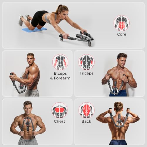 FLYBIRD Chest & Arm Twister & Core Trainer, Hydraulic Power CoreFlex Twister Chest Workout Equipment, 22-440lbs for Strength Trainer, 3-in-1 Chest Trainer with Ab Roller Wheel(Backpack &Pad Included)
