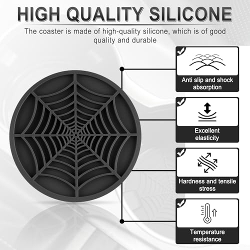 Alpmosn 4PCS Spider Web Car Coasters for Cup Holders, Halloween Funny Non-Slip Silicone Insert Ornaments Coasters, Automotive Cupholder Goth Accessories for Men & Women(Black)