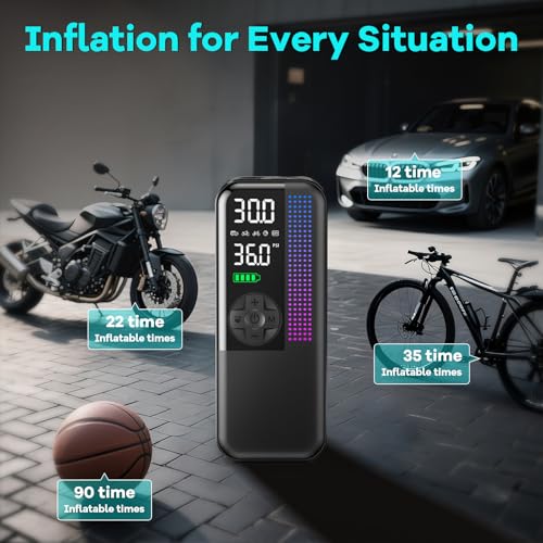 Tire Inflator Portable Air Compressor, 150 PSI Cordless Air Pump, Dual Power 6000mAh, 12V DC Car Plug, Fast Inflation 24L/Min, Auto Shut-Off, LED Light, 4 Preset Modes for Car, Bike, Motorcycle, Balls
