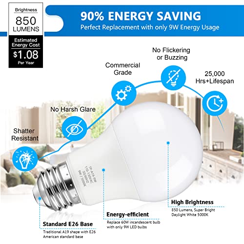 A19 LED Light Bulbs, 60 Watt Equivalent LED Bulb, Daylight White 5000K, 850 Lumen, E26 Base, Non-Dimmable, 9W Bright White LED Bulb, 4-Pack