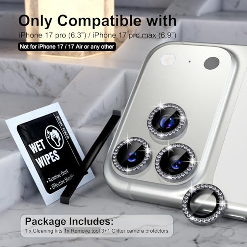 Choiche Compatible for iPhone 17 Pro/iPhone 17 Pro Max Camera Lens Protector Bling, 9H Tempered Glass Camera Cover Screen Protector Metal Ring Decoration Accessories (Diamond-Black)