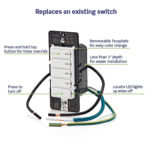 Leviton Countdown Timer Switch for bathroom fan and household lights, 10-20-30-60 min, No Neutral Required, Single Pole, 15A, 1/2HP/9.8A Fan/Motor, DT160-1LW, White