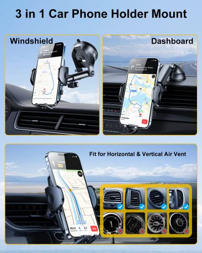 Rorhxia 3-in-1 Phone Mount for Car [2025 Most Stable and Flexible Suction Cup] Vent Dashboard Windshield Cell Phone Holder Car Fit for iPhone, Samsung, All Phone