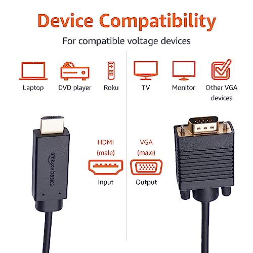 Basics HDMI to VGA Cable, 1080P, Gold-Plated, 6 feet, Black