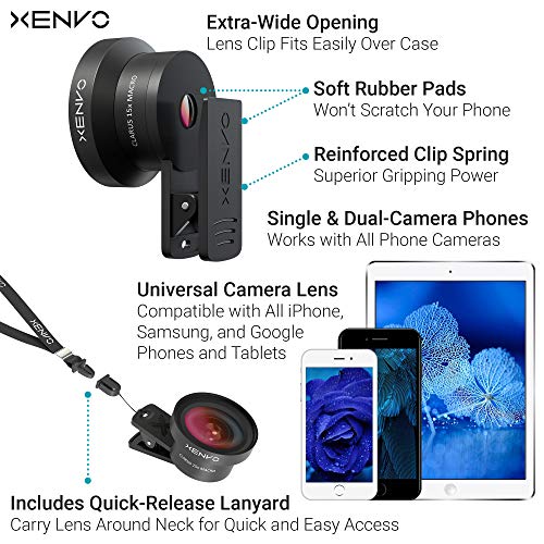 Pro Lens Kit for iPhone and Android, Macro and Wide Angle Lens with LED Light and Travel Case Black